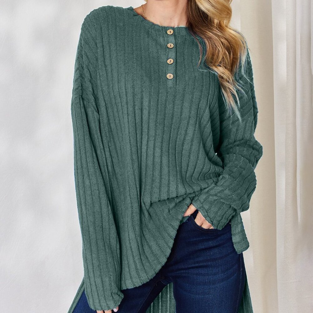 NWT Basic Bae Full Size Ribbed Half Button Long Sleeve High-Low T-Shirt